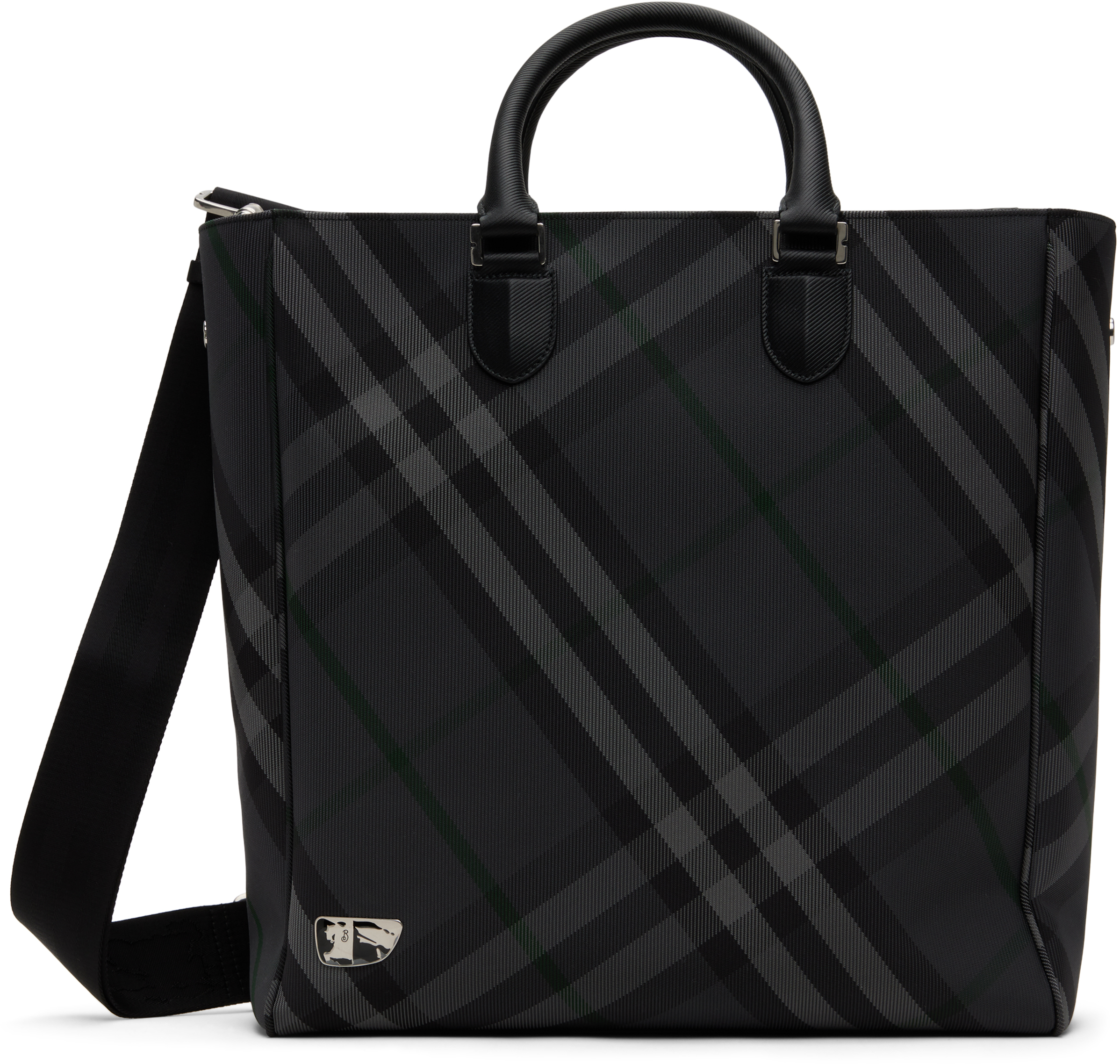 Shop Burberry Gray Grid Check Tote In Charcoal