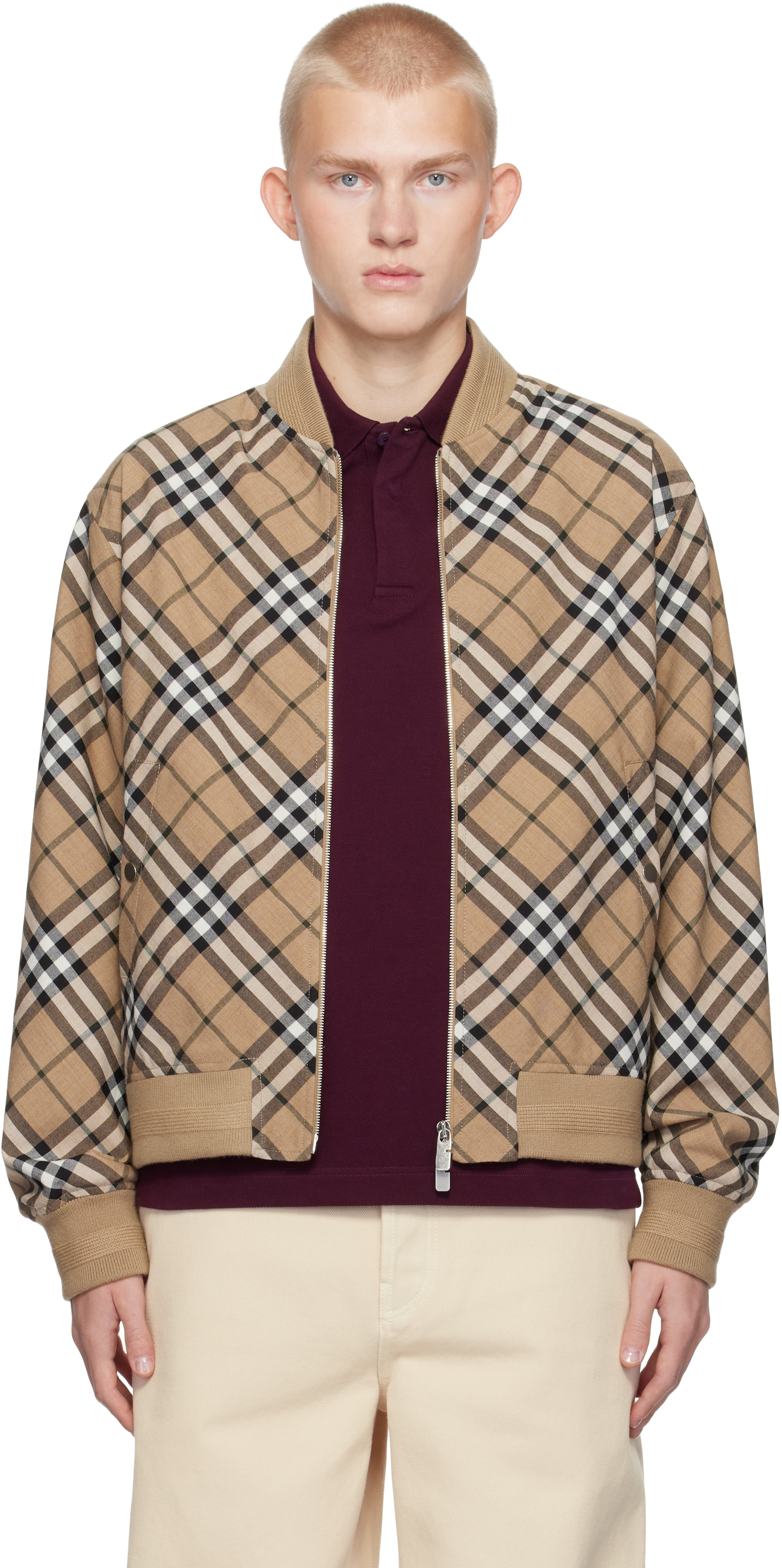 Shop Burberry Beige Check Wool Blend Harrington Bomber Jacket In Linden Ip Check