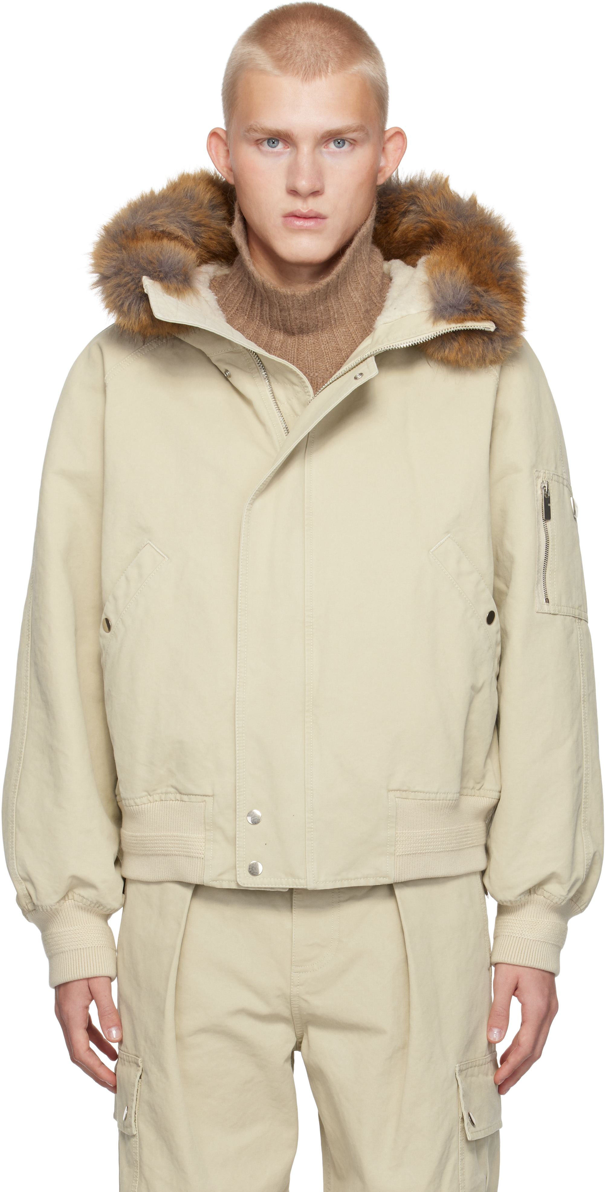 Burberry Beige Faux-fur Trim Cotton Bomber Jacket In Plaster