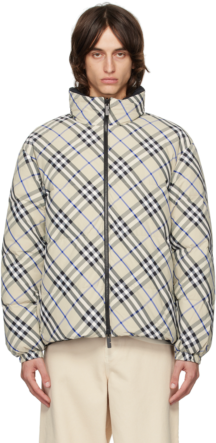 Shop Burberry Beige Check Reversible Down Jacket In Lichen Ip Check