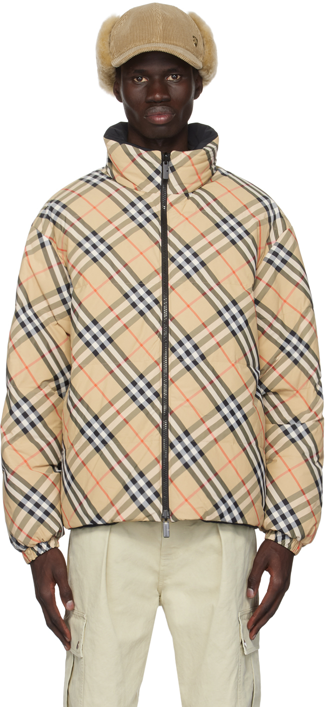 Shop Burberry Beige Check Nylon Reversible Down Puffer Jacket In Sand Ip Check