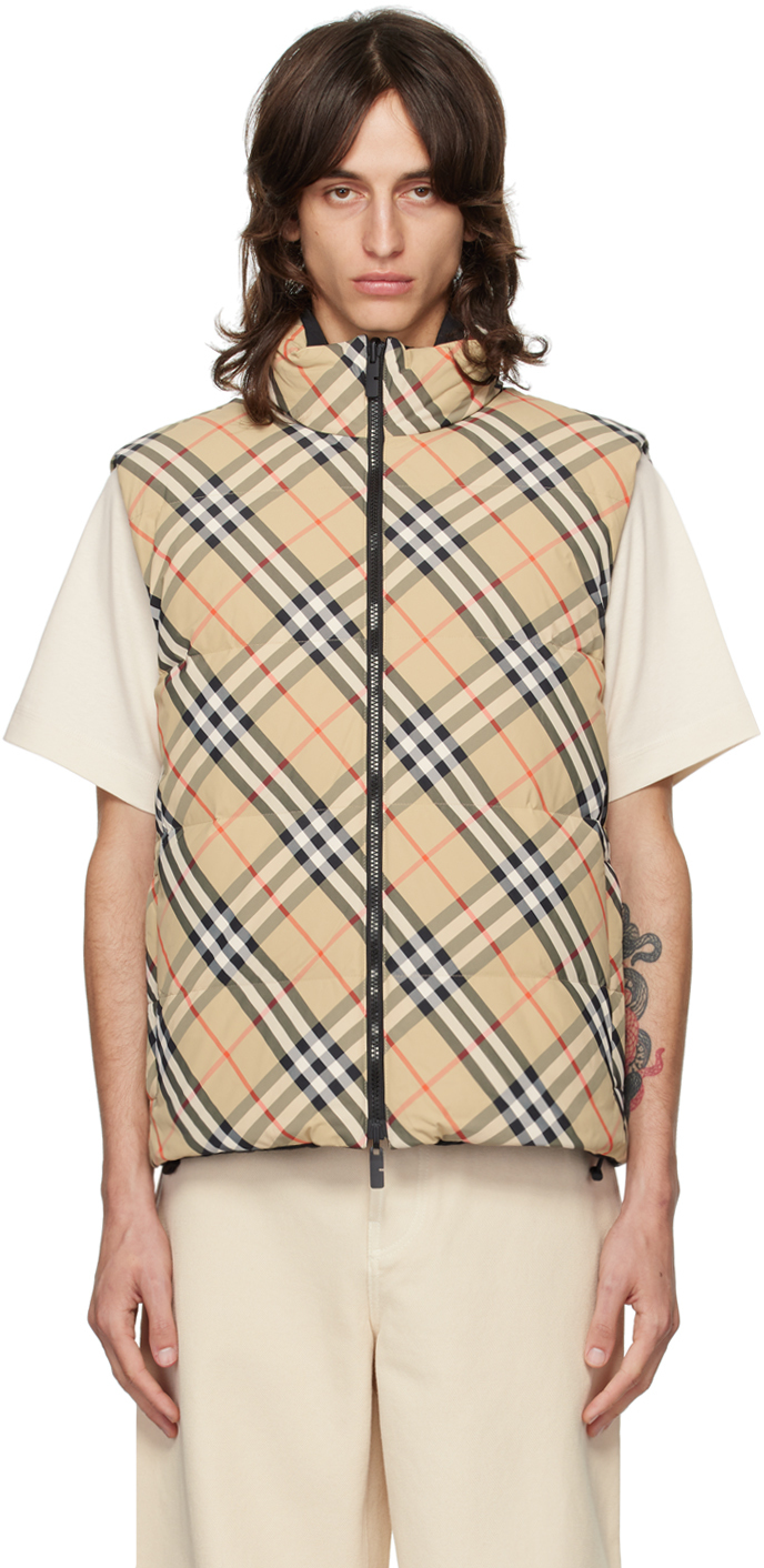 Shop Burberry Beige Check Reversible Down Vest In Sand Ip Check