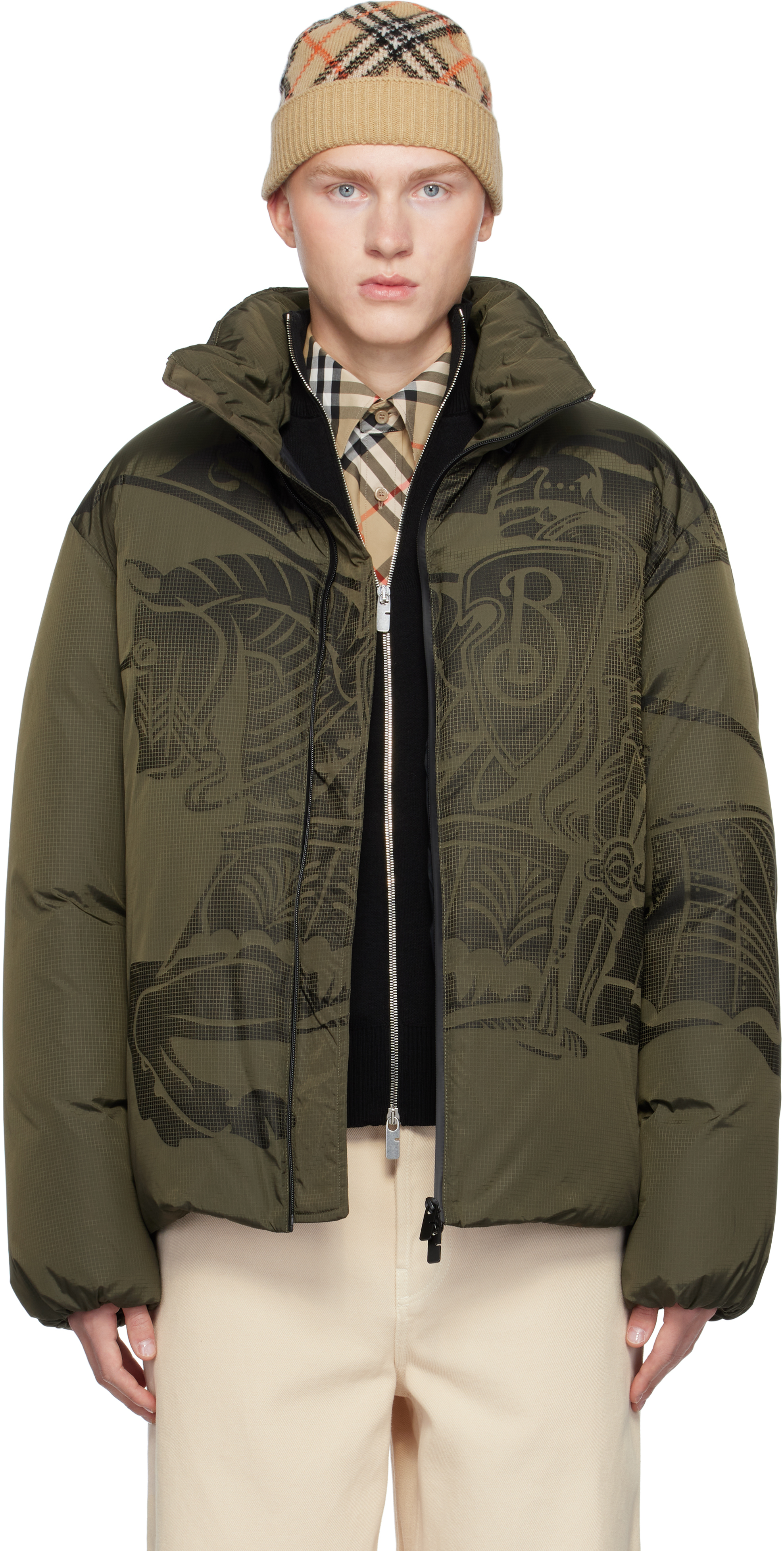 Burberry Khaki Ekd Nylon Puffer Down Jacket In Loch Ip Pattern