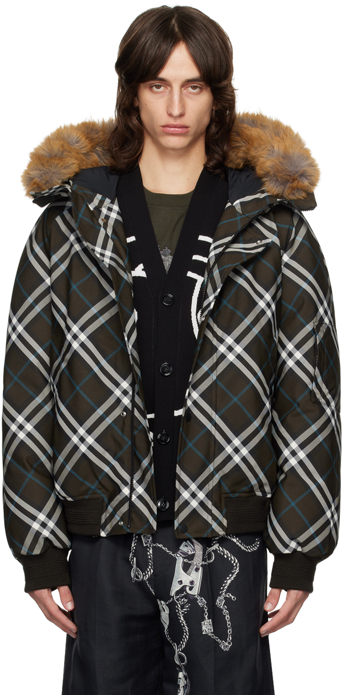 Brown Faux-Fur Trim Check Down Bomber Jacket