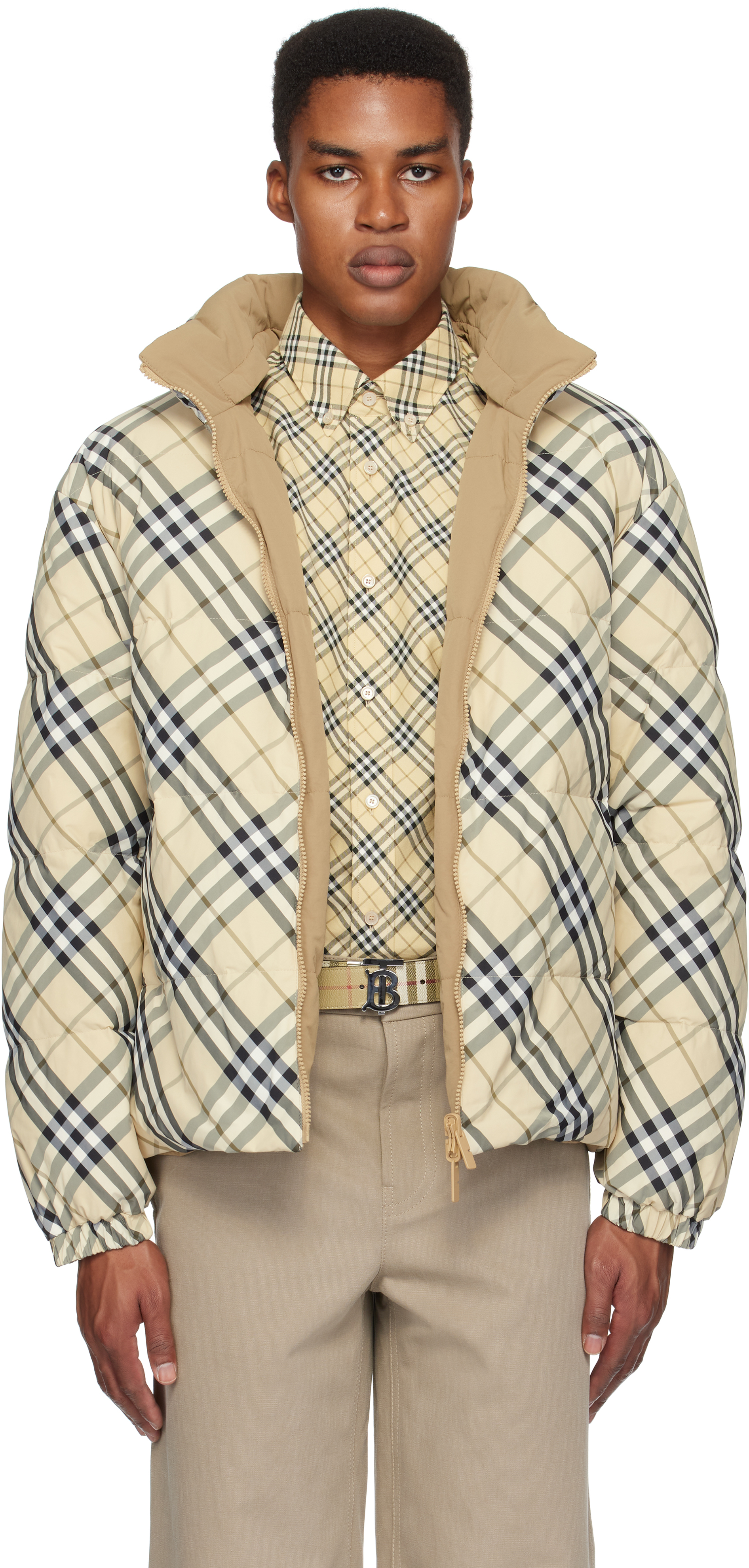 Beige Check Puffer Reversible Down Jacket