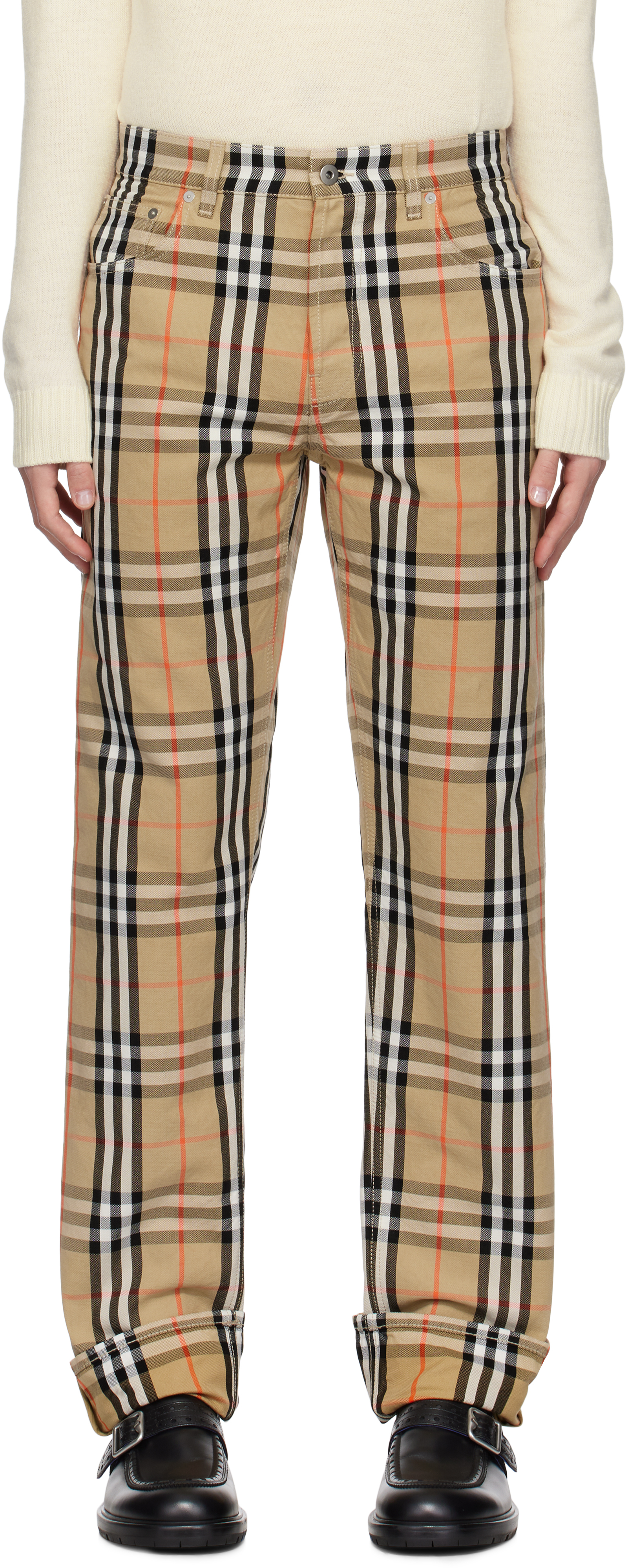 Burberry Beige Check Trousers In Brown