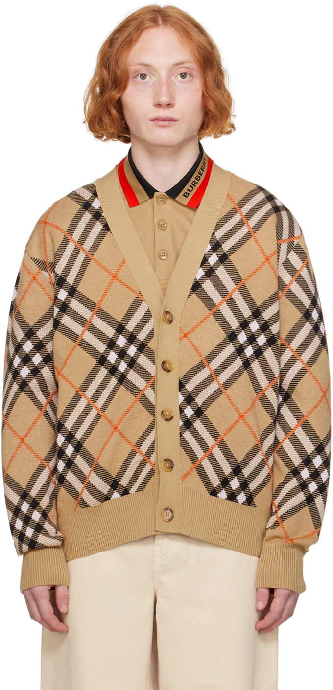 Shop Burberry Beige Check Cardigan In Sand Ip Check