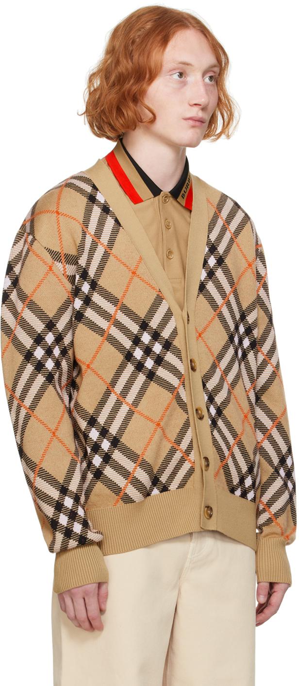 Burberry Embroidered Stretch Wool Blend Cardigan In Sand Ip Check