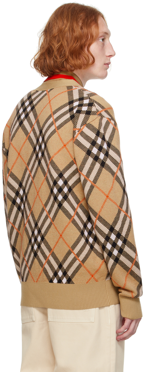 Burberry Embroidered Stretch Wool Blend Cardigan In Sand Ip Check