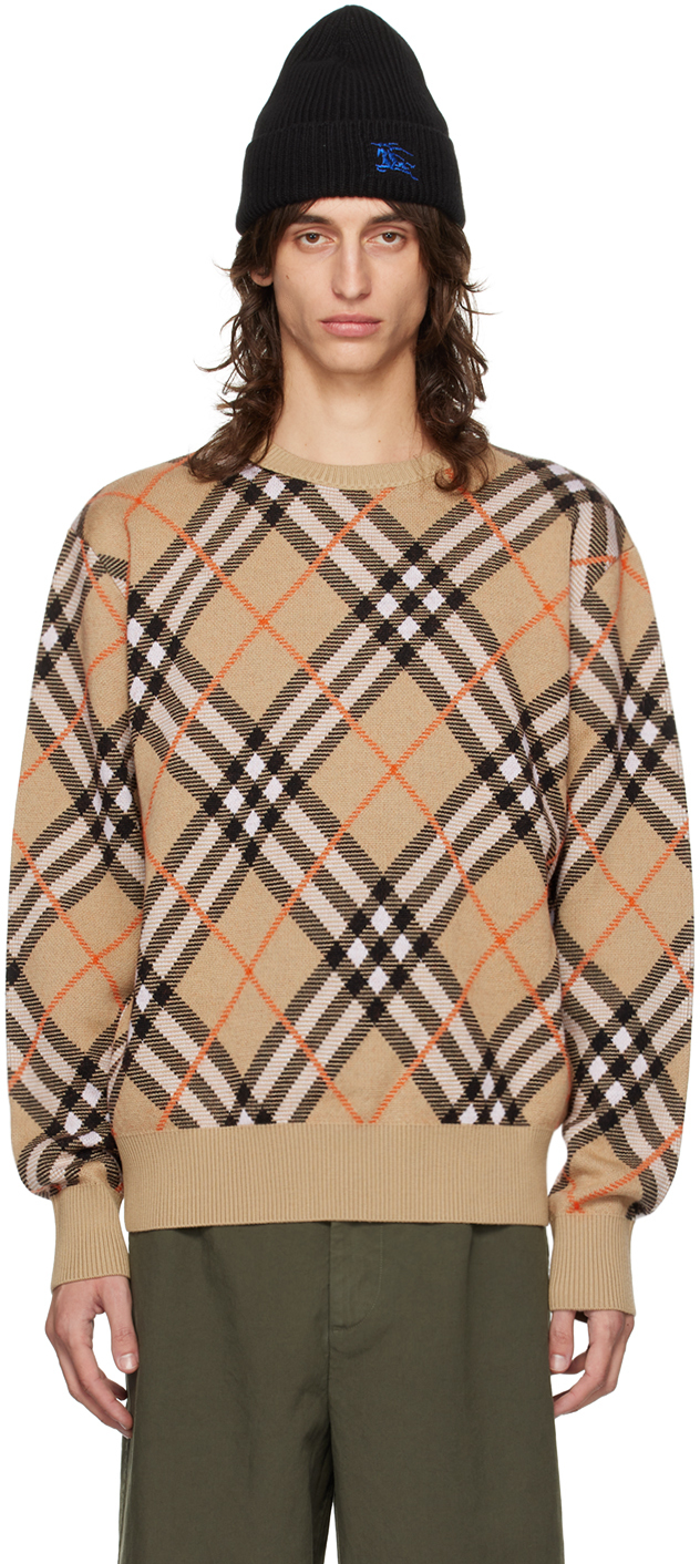 Shop Burberry Beige Check Sweater In Sand Ip Check