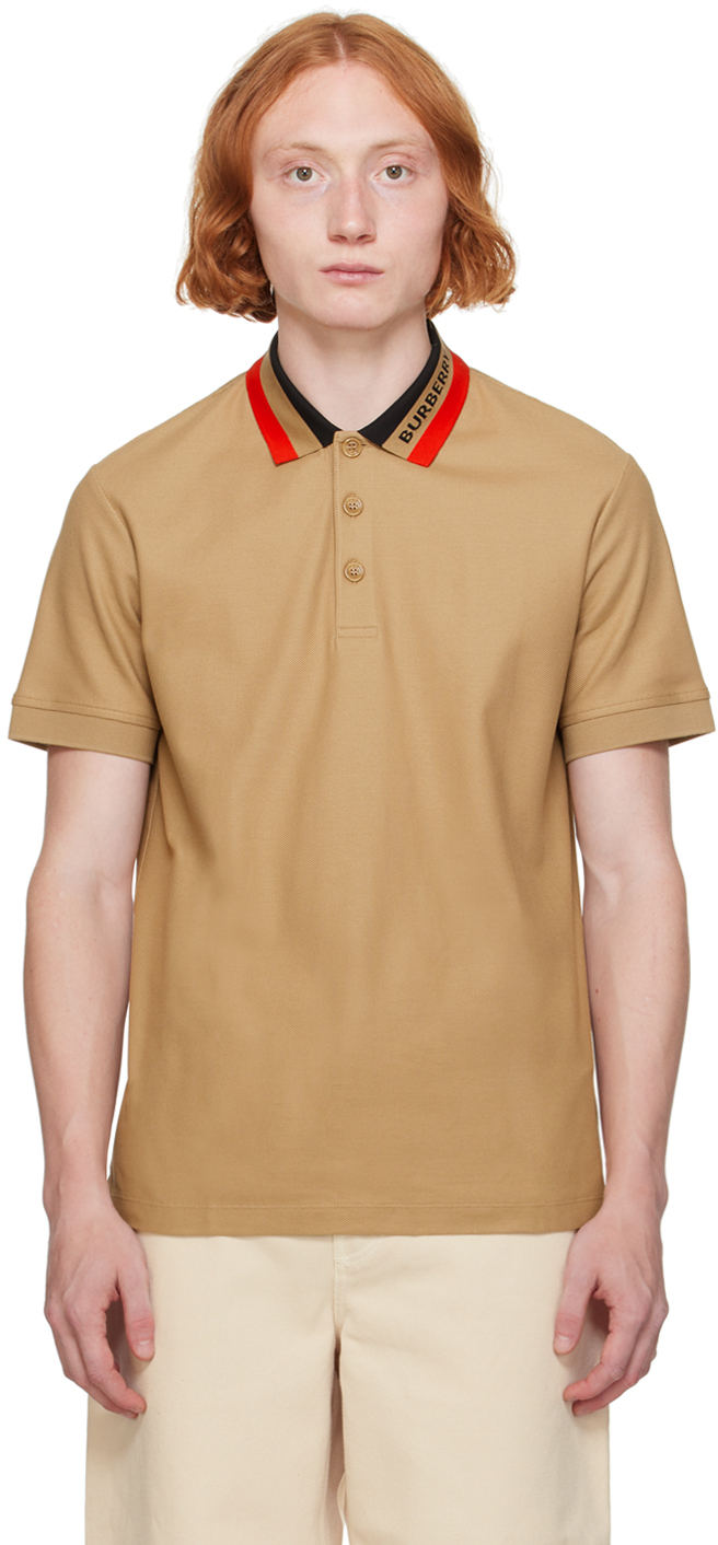 Shop Burberry Beige Spread Collar Polo In Camel