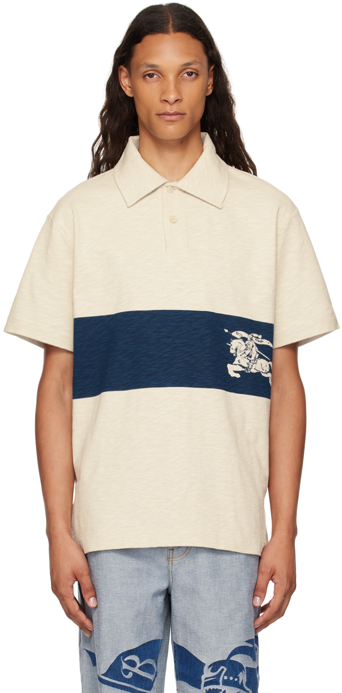 Shop Burberry Off-white Ekd Stripe Polo In Plaster