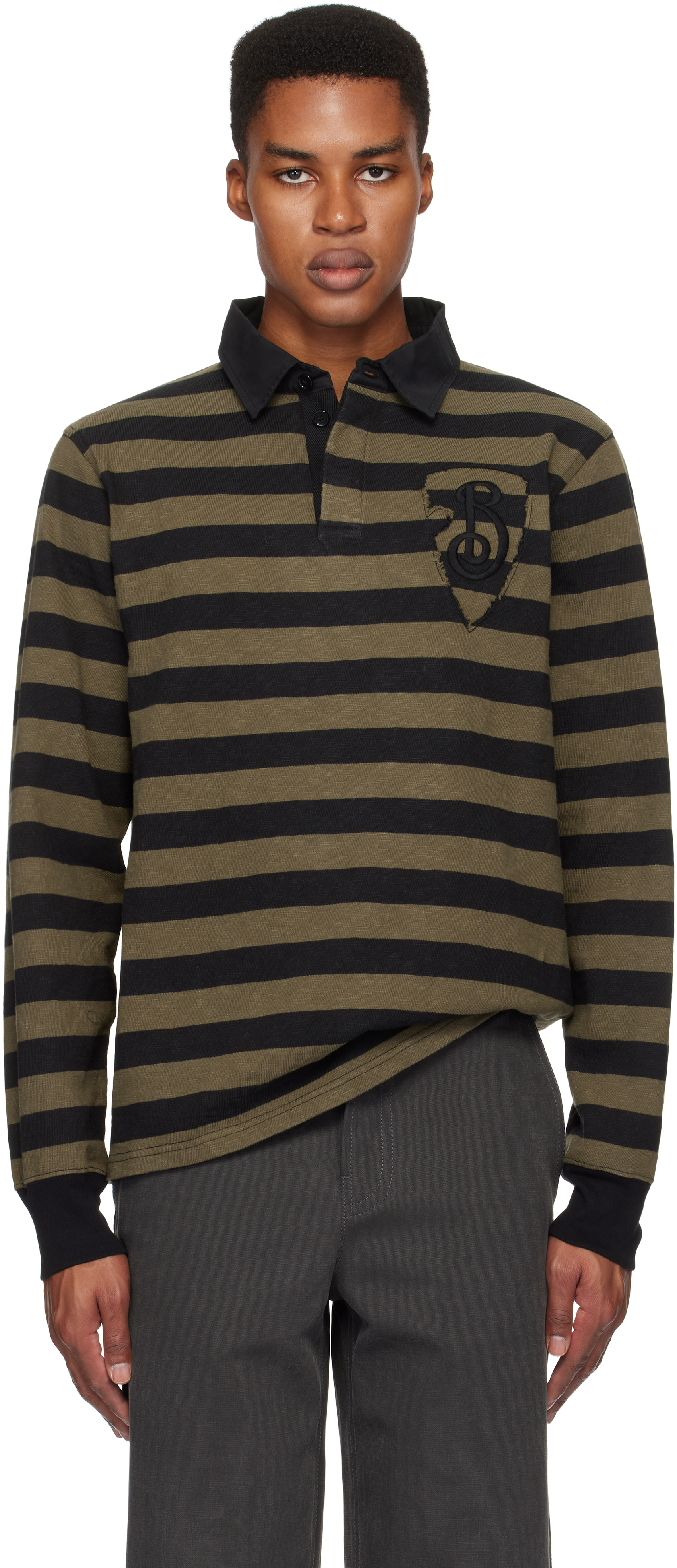 Khaki Long-Sleeve Striped Cotton Polo