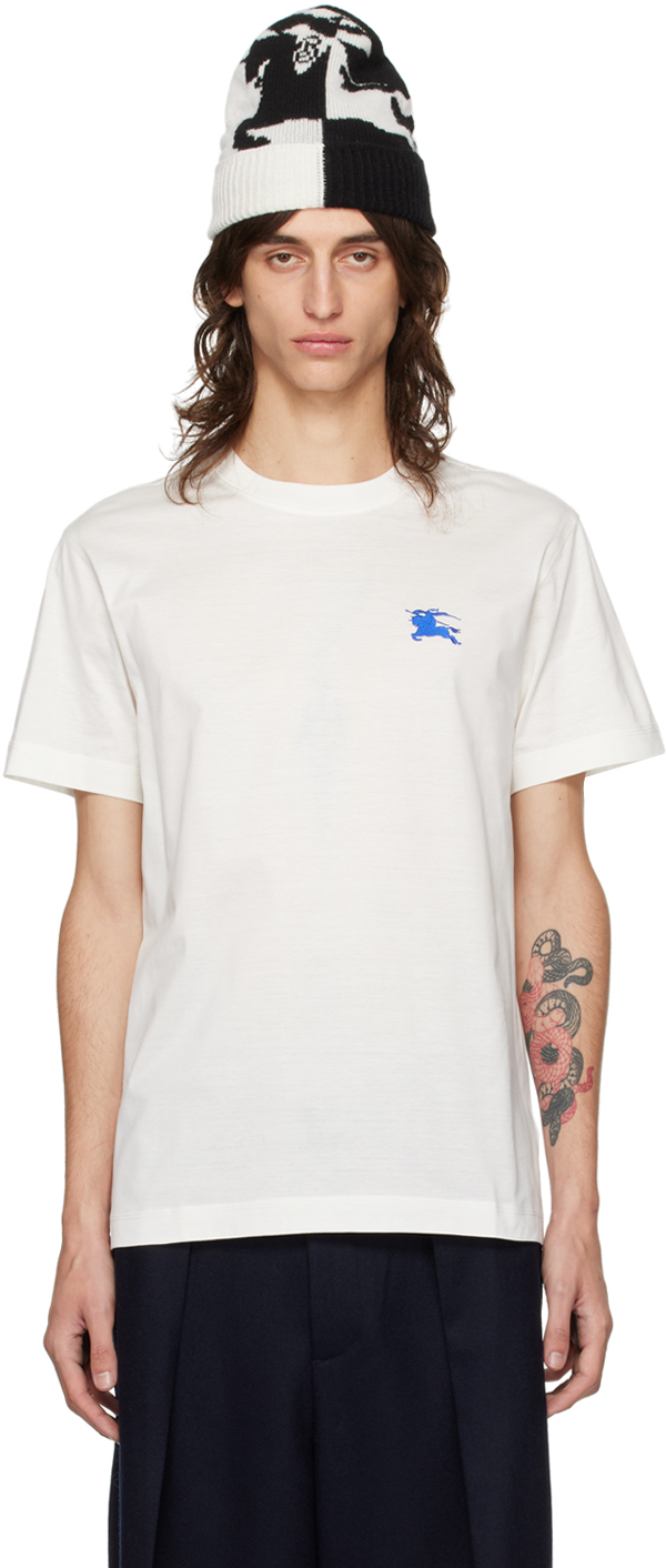 Shop Burberry White Embroidered T-shirt In Salt