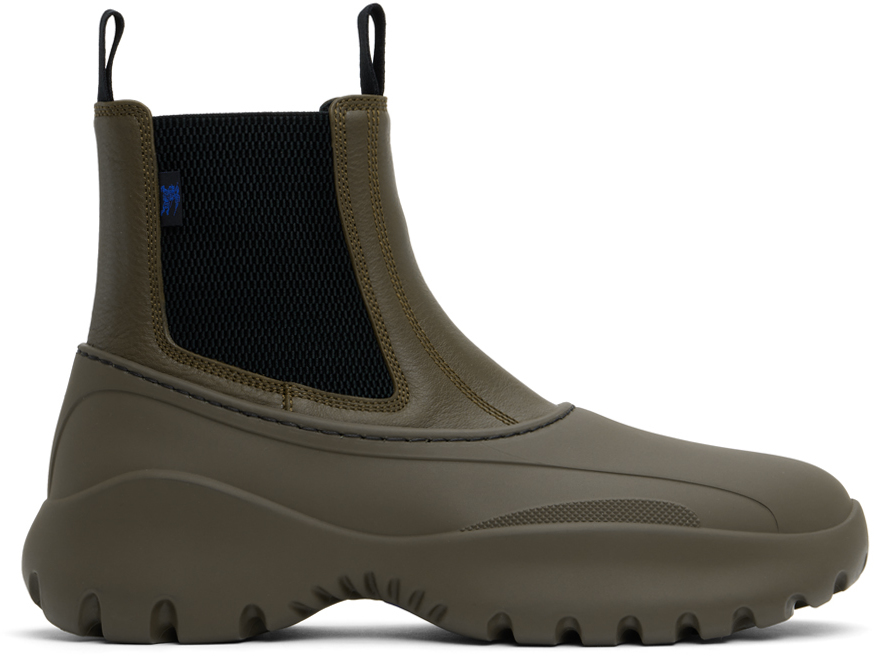 Shop Burberry Khaki Leather Scoot Chelsea Boots In Loch