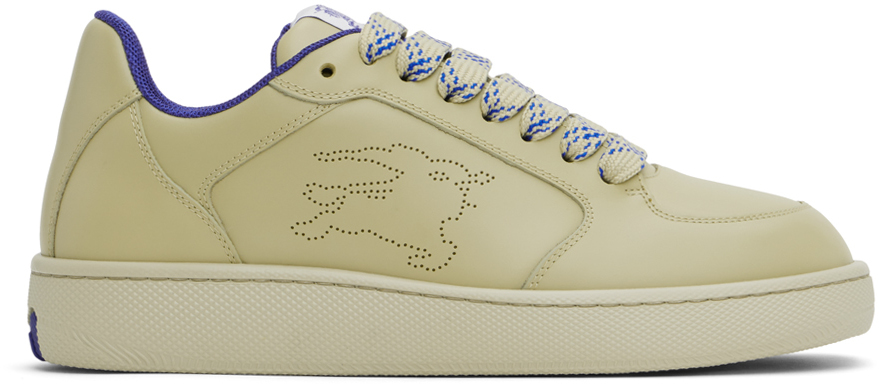 Shop Burberry Beige & Blue Leather Stock Sneakers In Hunter