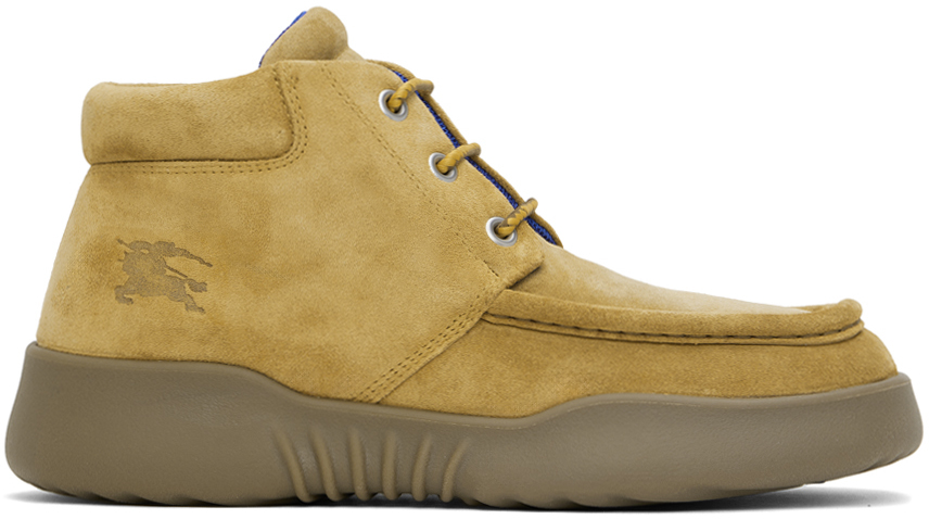 Shop Burberry Beige Suede Log Boots In Manilla