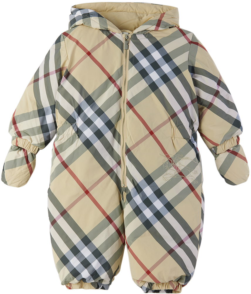 Shop Burberry Baby Beige Check Down Snowsuit In Pale Stone Ip Check