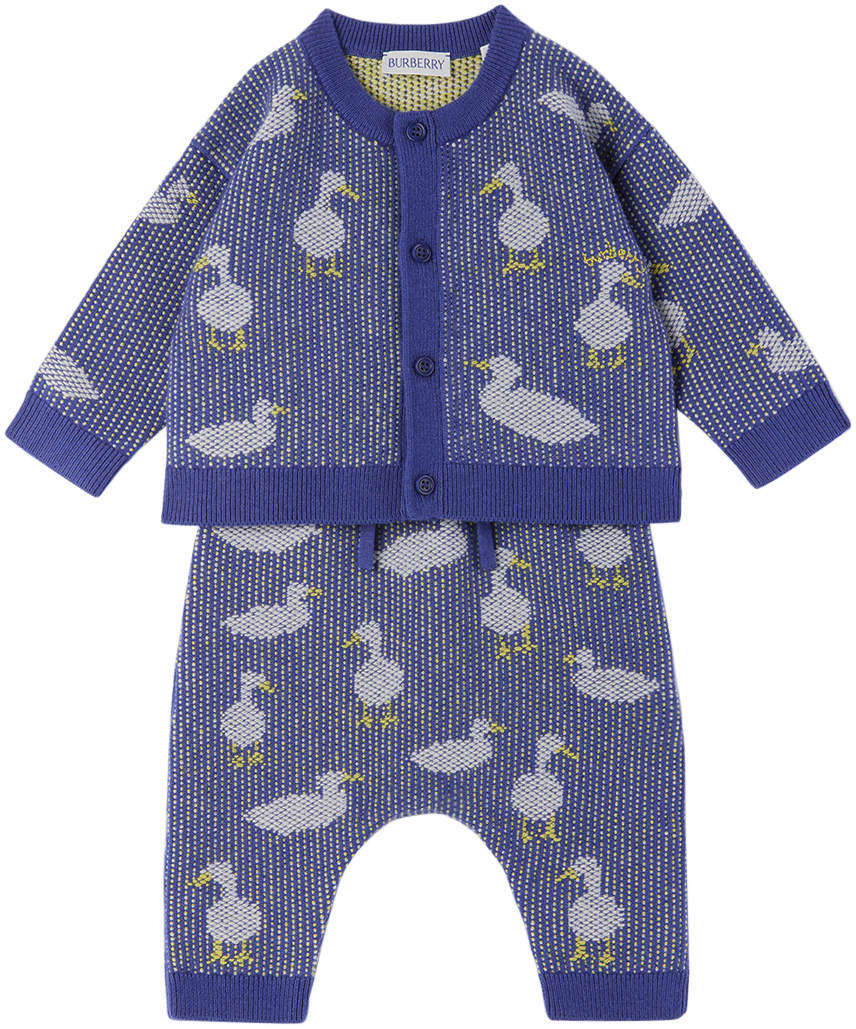 Burberry Baby Blue Duck Cardigan & Lounge Trousers Set In Knight Ip Pattern