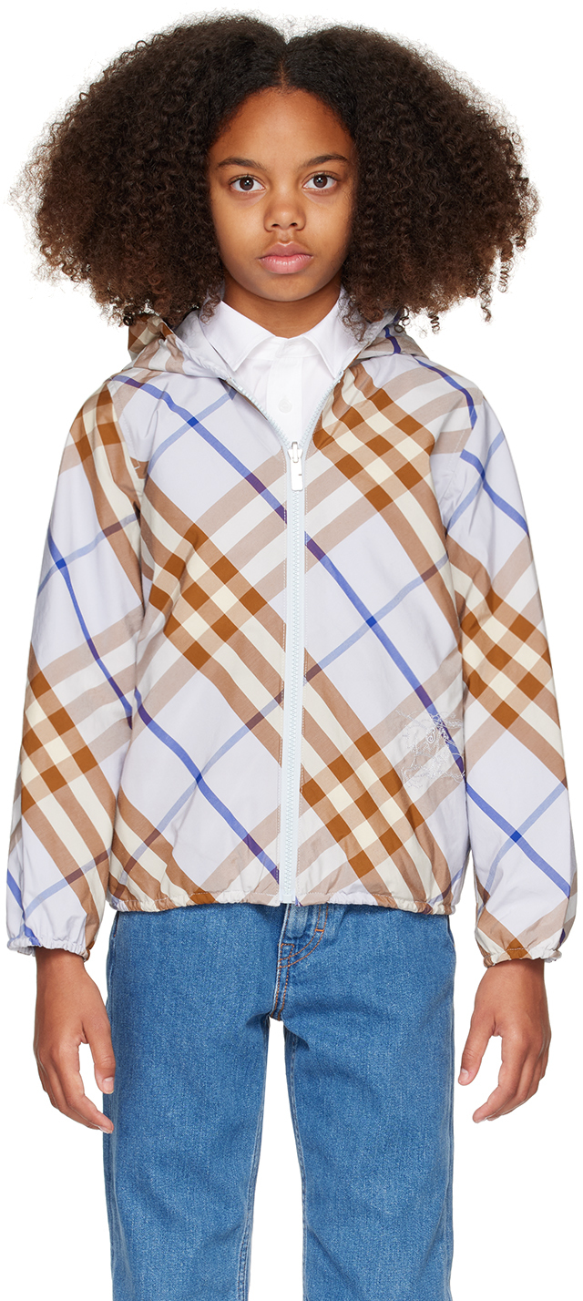 Kids Blue Check Cotton Blend Reversible Jacket by Burberry on Sale