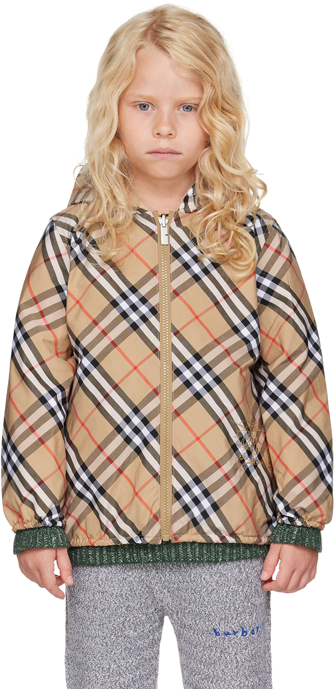 Shop Burberry Kids Beige Check Reversible Jacket In Sand Ip Check