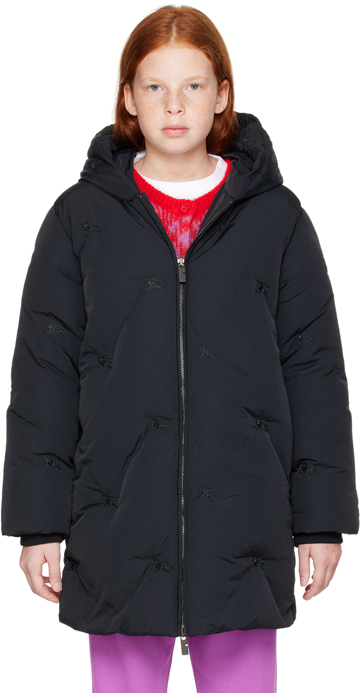 BURBERRY KIDS BLACK EMBROIDERED LOGO DOWN JACKET 