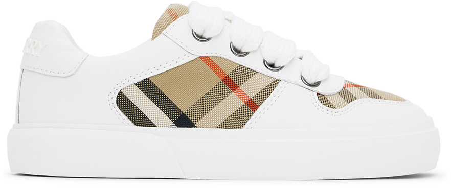 Burberry Kids White & Beige Check Sneakers In White