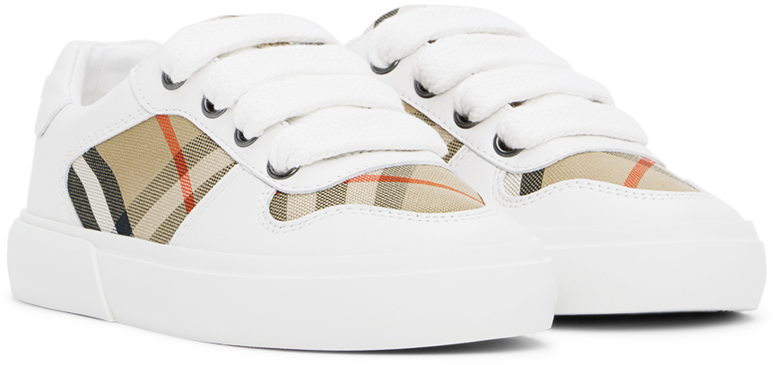 Burberry Kids White & Beige Check Sneakers In White