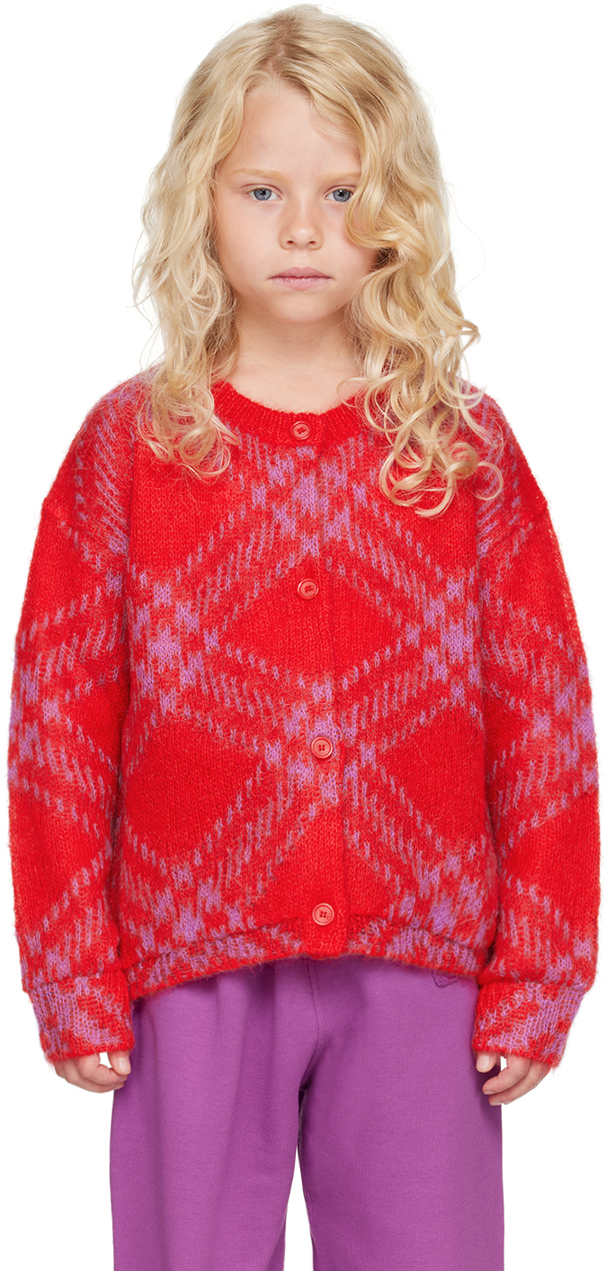 Shop Burberry Kids Red Check Cardigan In Warm Coral Red