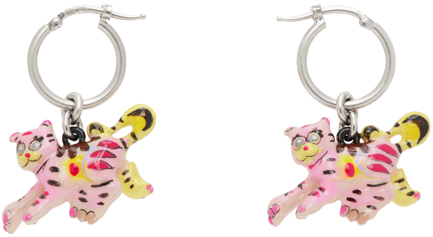 Pink & Silver Tiger Pendants Earrings by Marni on Sale