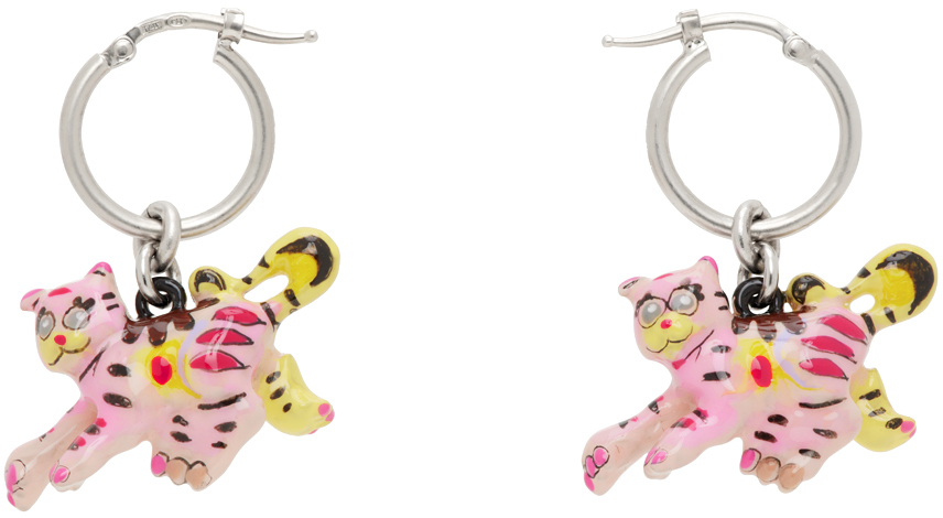 Shop Marni ピンク＆シルバー Tiger Pendants ピアス In Y9077 Palladium/flam