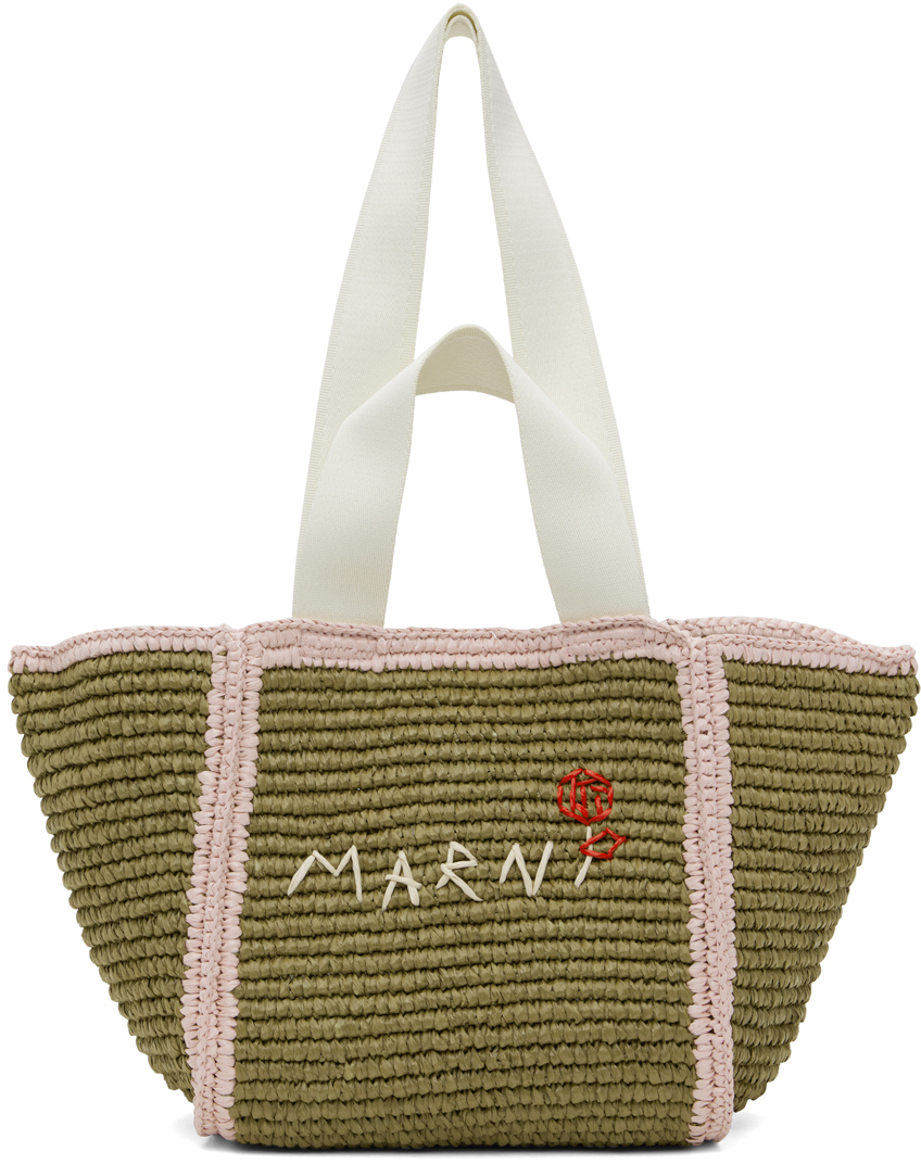 Shop Marni Green & Pink Macramé Sillo Small Shopper Tote In Zo828 Olive/pink/nat