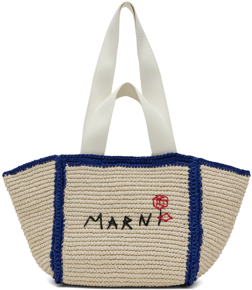 Shop Marni ベージュ＆ブルー スモール Sillo マクラメ ショッパートート In Zo827 Ecru/blu/natu