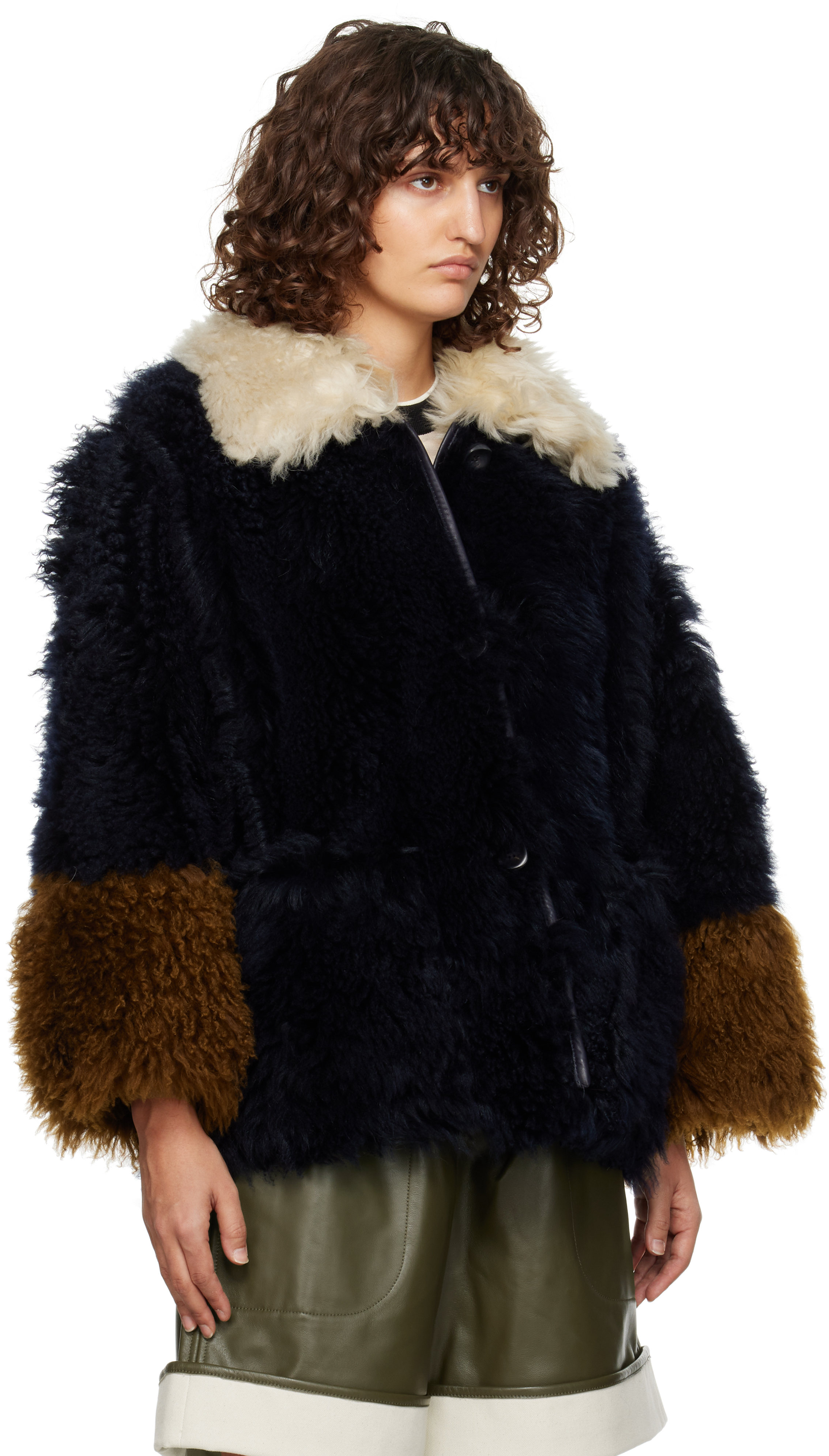 Marni Navy Contrast Trim Shearling Jacket In Rob81 Light Navy