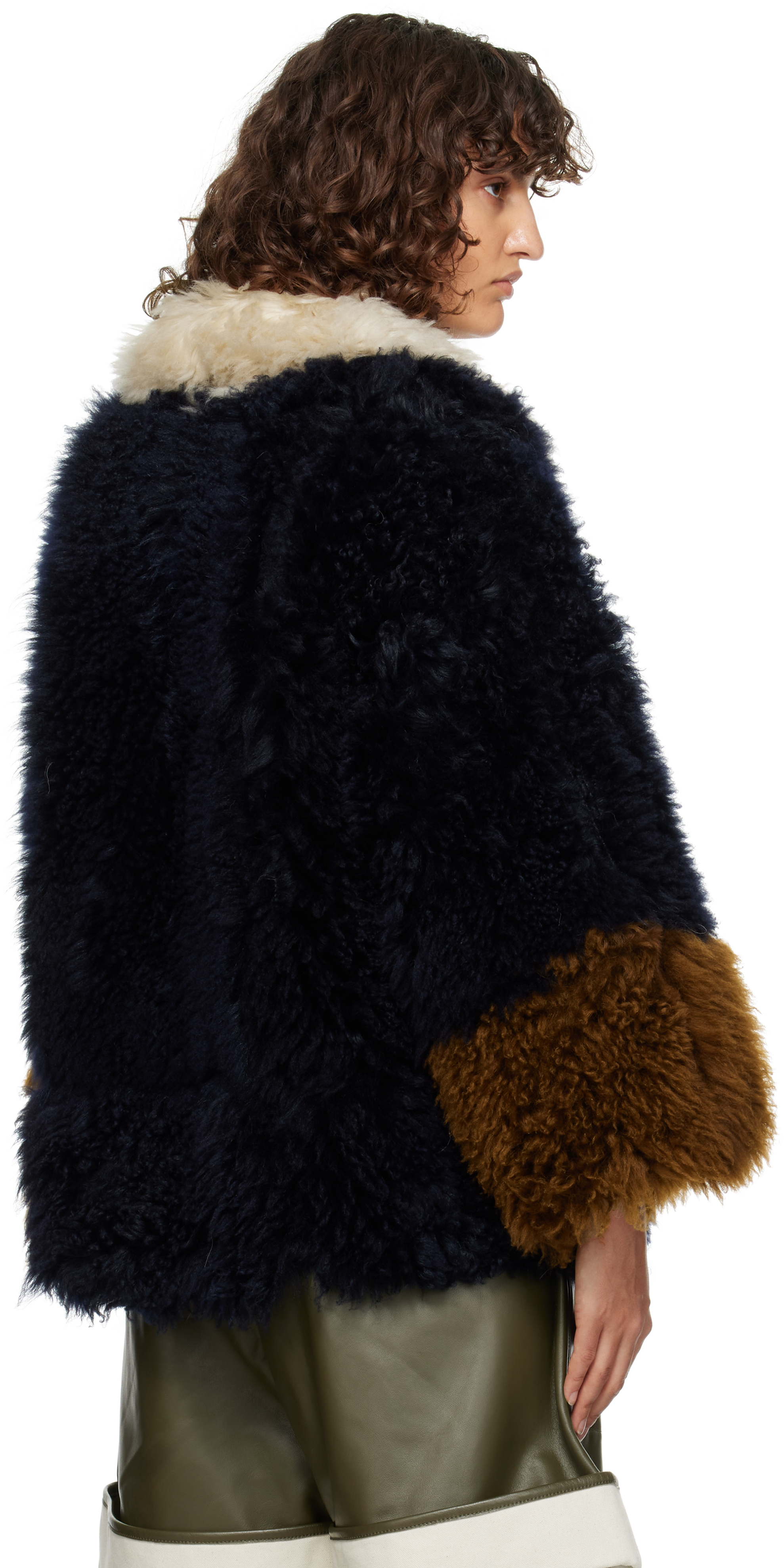 Marni Navy Contrast Trim Shearling Jacket In Rob81 Light Navy