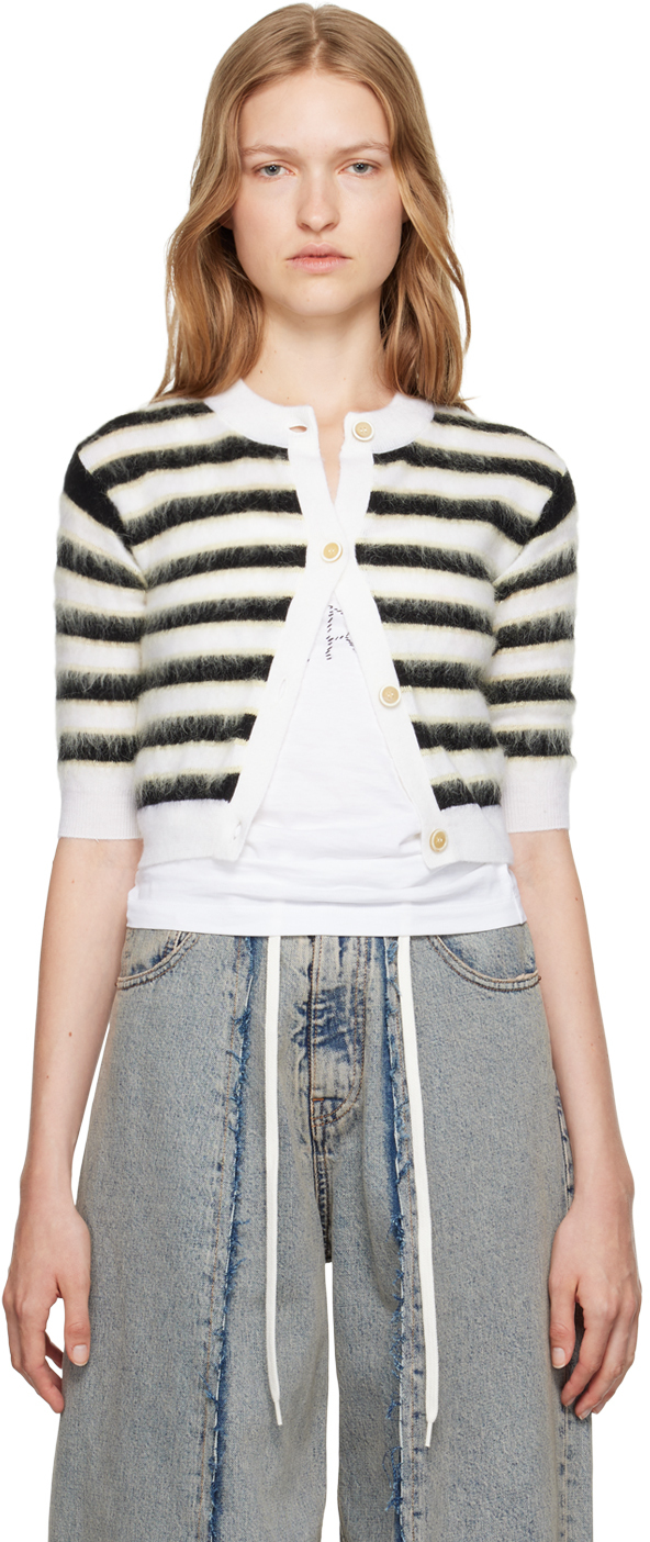 Shop Marni Black & White Striped Cardigan In Rgw05 Alabaster