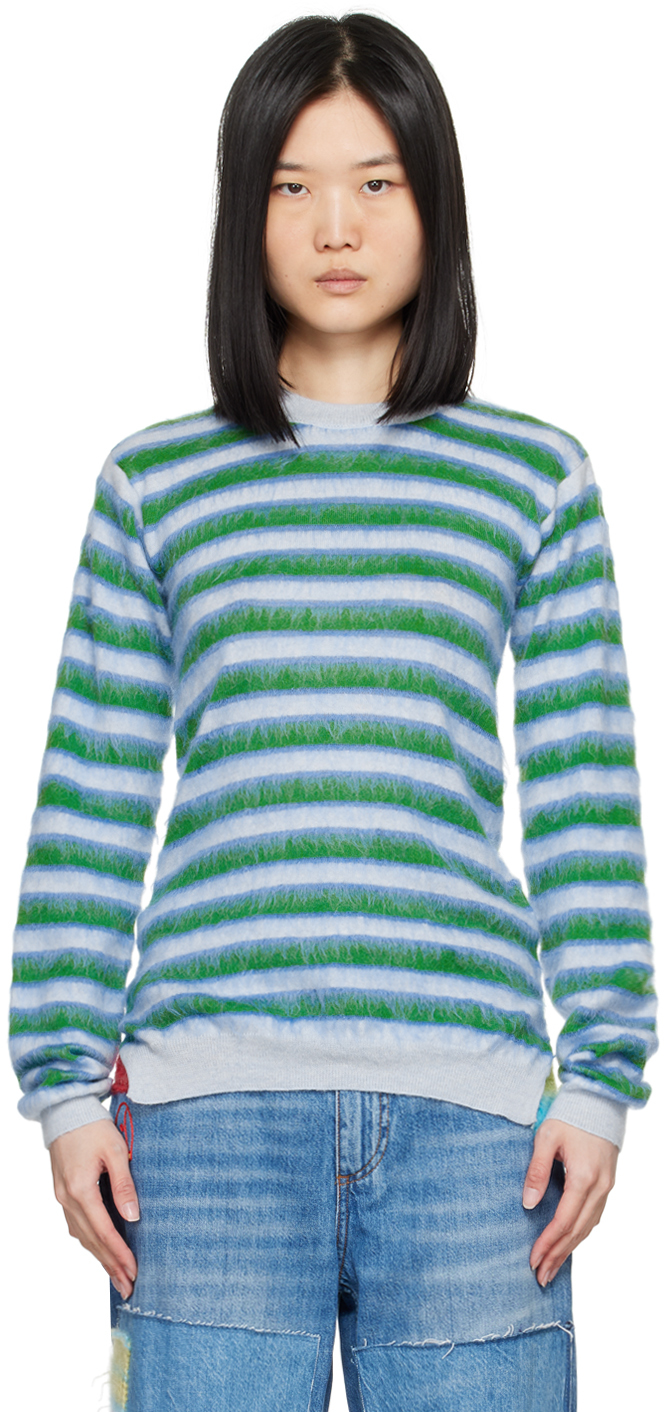 Shop Marni Blue & Green Striped Sweater In Rgb21 Light Blue