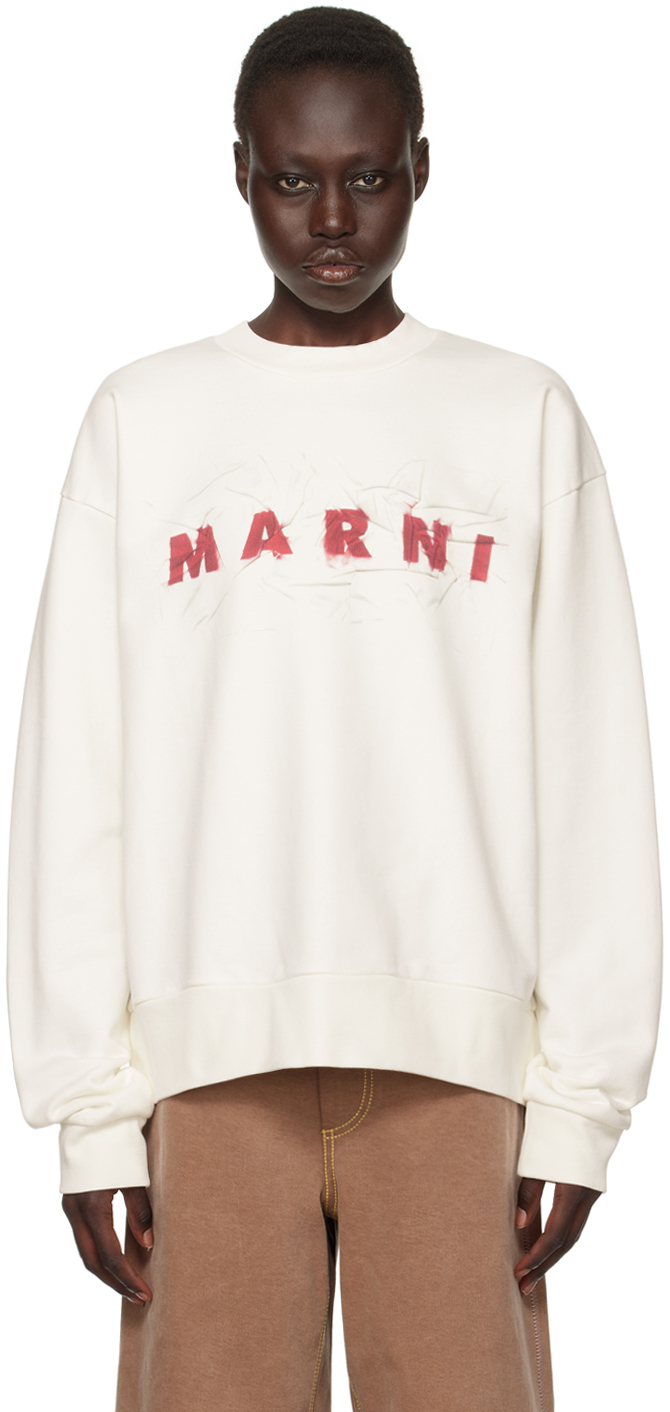 Shop Marni White Wrinkled Logo Sweatshirt In Low02 Natural White