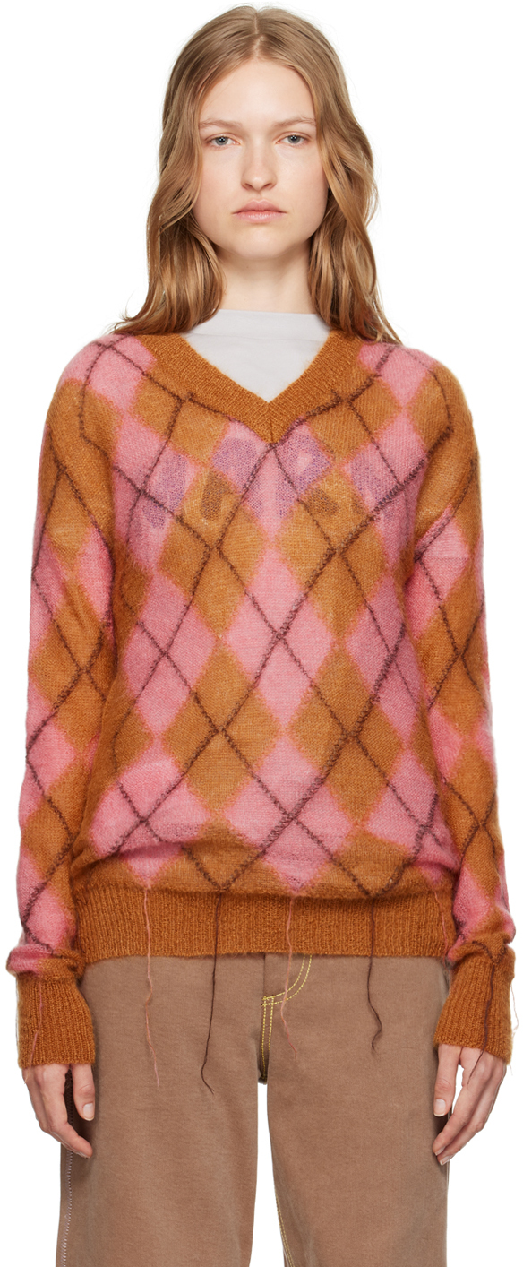 Shop Marni Pink & Brown Argyle Sweater In Arc33 Camelia