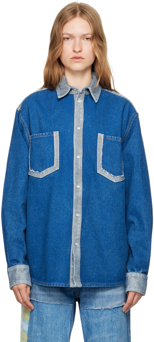 Shop Marni Blue Two-tone Denim Shirt In Bdb60 Ocean