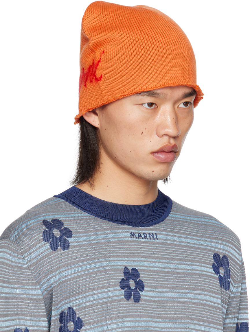 Shop Marni Orange Mohair Logo Beanie In 00r30 Arabesque