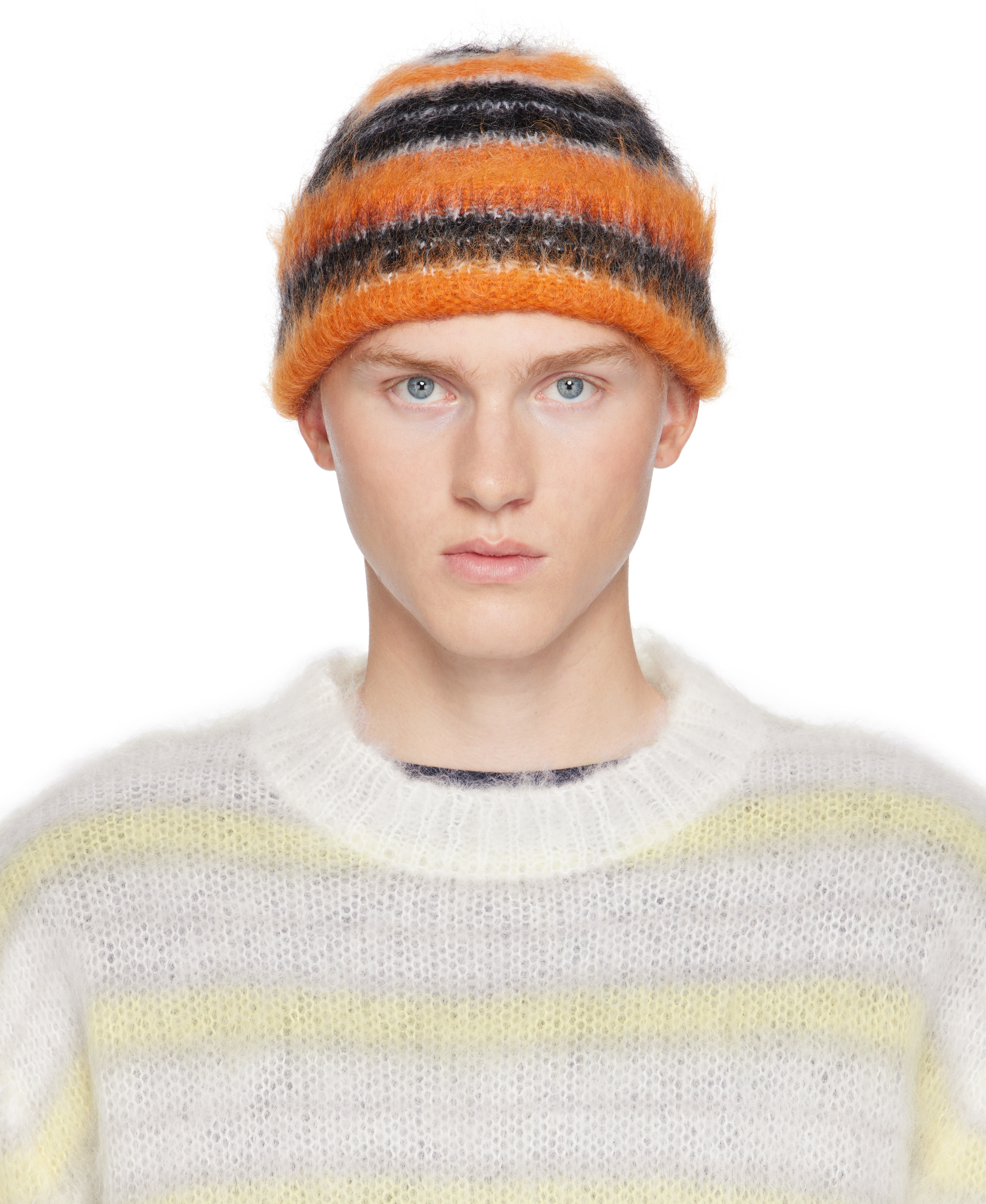 MARNI BLACK & ORANGE STRIPED MOHAIR BEANIE 