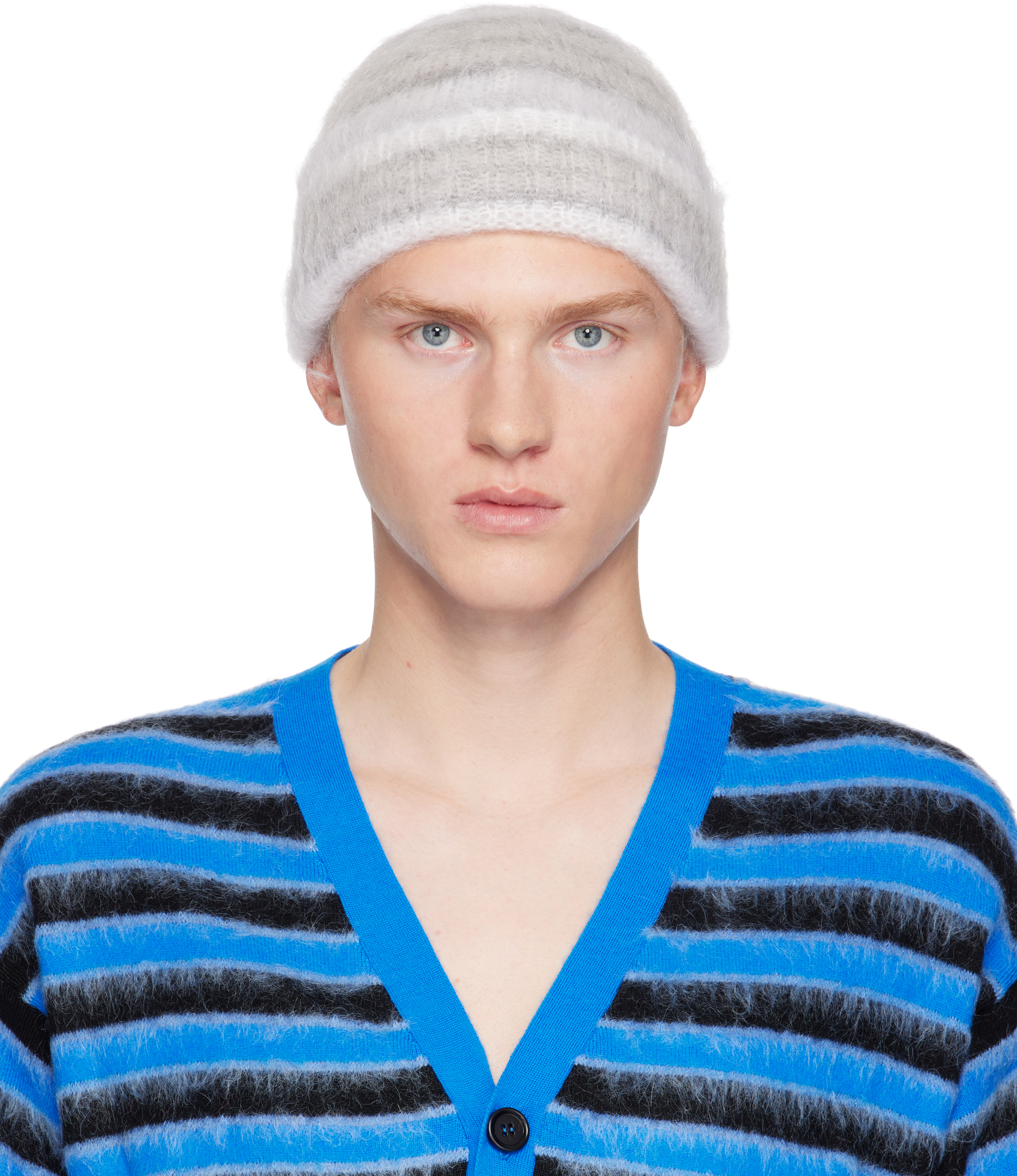 ★送料・関税込【MARNI】MOHAIR STRIPE BEANIE White & Gray Striped Mohair Beanie by Marni on Sale
