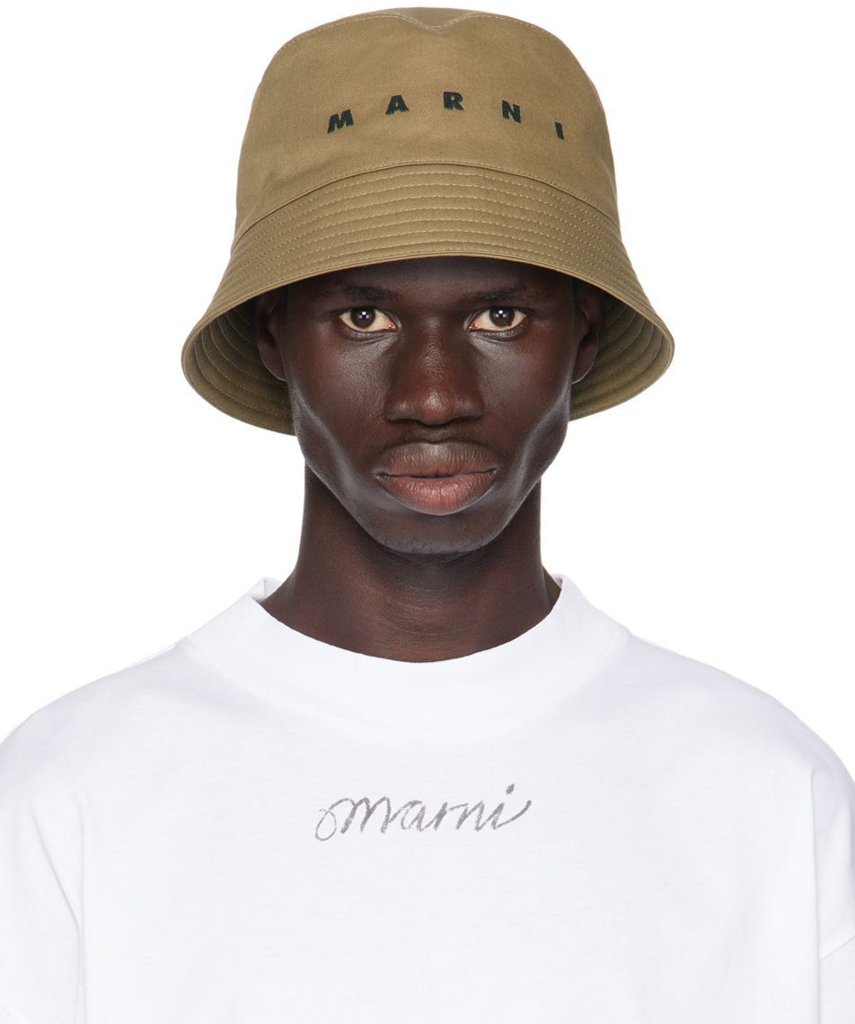 Shop Marni Khaki Embroidered Logo Bucket Hat In 00v25 Olive