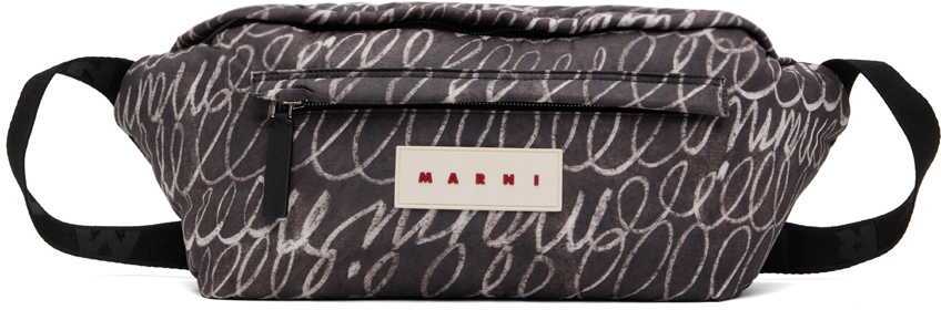 Shop Marni グレー＆ホワイト Scribble Print Puff ベルトポーチ In 00n99 Black