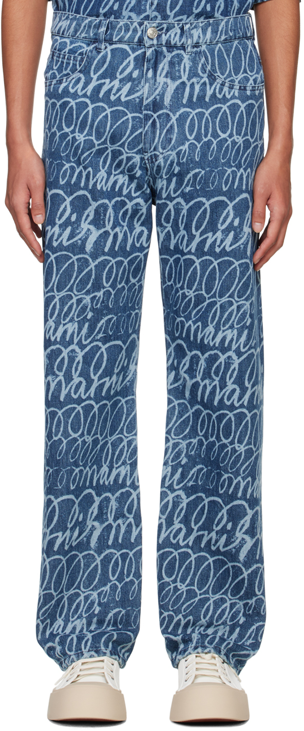 Shop Marni Blue Scribble Motif Jeans In Lob95 Blue Kyanite