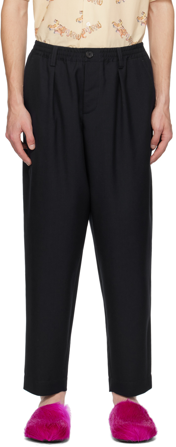 Navy Tropical Wool Drawstring Trousers