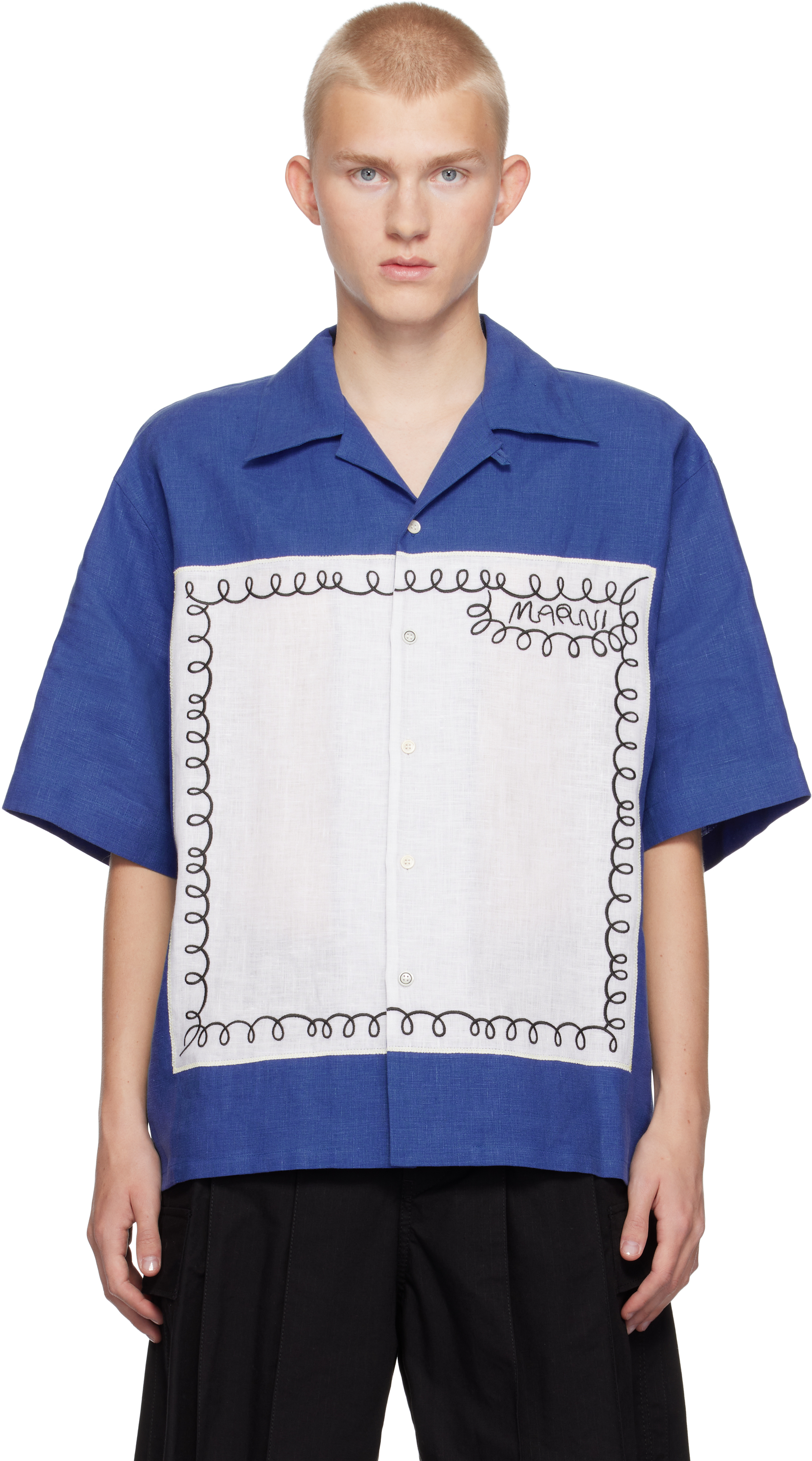 Blue Embroidered Bowling Shirt