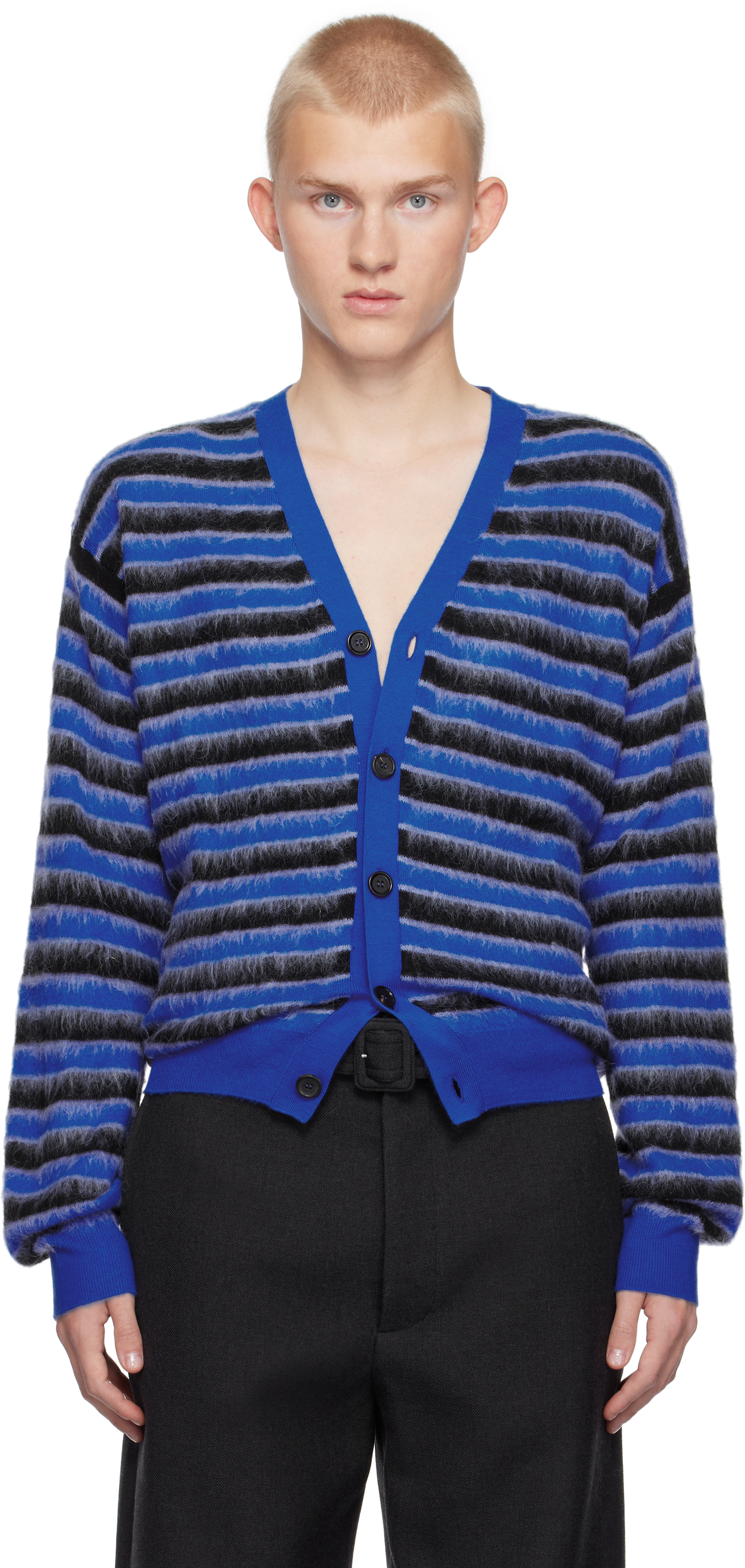 Shop Marni Blue & Black Wool Mohair Striped Cardigan In Rgb57 Mazarine Blue