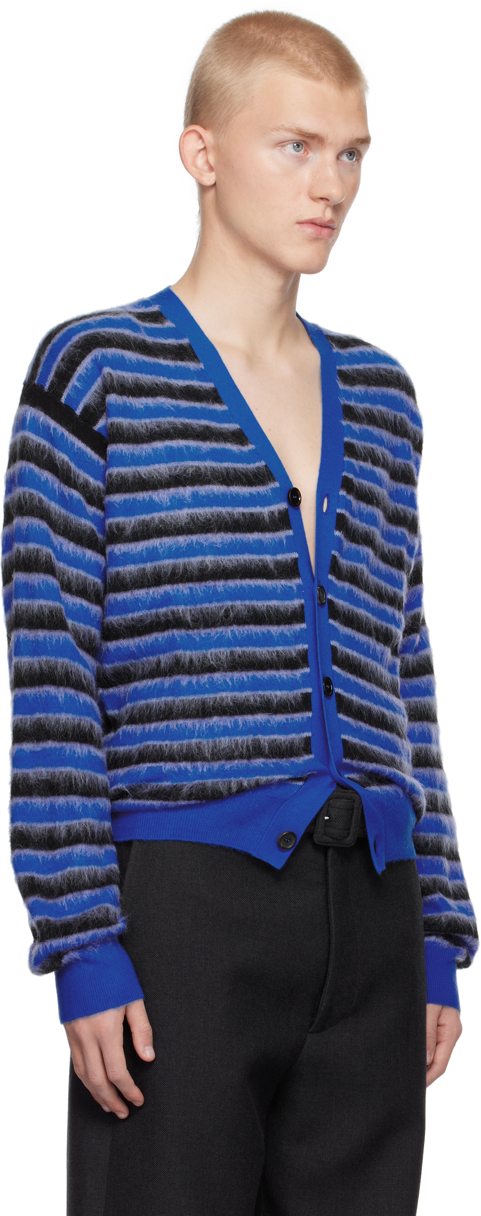 Shop Marni Blue & Black Wool Mohair Striped Cardigan In Rgb57 Mazarine Blue